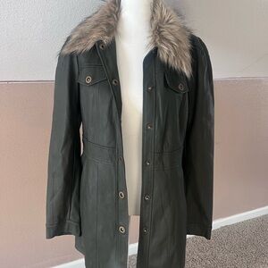 Anthropologie Dark Green Trench Coat with Faux Fur Collar